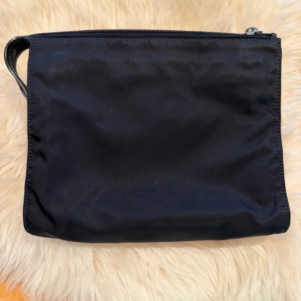 Prada Black Nylon Pouch Bag with Silver Luggage Logo Clutch Travel Accessory